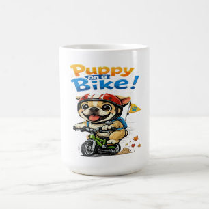 Süßer Welpe auf einem Fahrrad-Cartoon Kaffeetasse