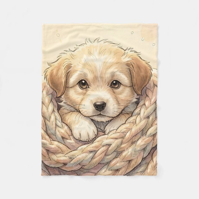Süßer Welpe eingewickelt in eine gestrickte Decke (Vorderseite)