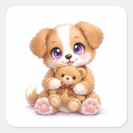 Süßer Welpe hält Teddybär Quadratischer Aufkleber