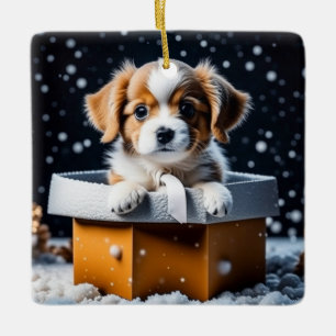 Süßer Welpe in einer Geschenkschachtel Weihnachten Keramikornament