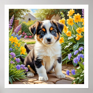 Süßer Welpe mit Blumen Poster