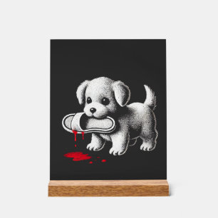 Süßer Welpe mit Hausschuh-Shirt Dark Humor Hunde L Acrylschild