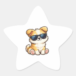 Süßer Welpe mit Sonnenbrille Kawaii Design Stern-Aufkleber