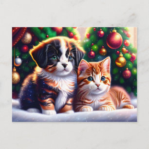 Süßer Welpe und Katze unter dem Weihnachtsbaum Feiertagspostkarte
