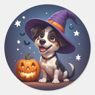 Süßer Welpen-Hexenhut und Kürbis Halloween 🎃 Runder Aufkleber
