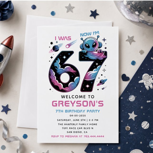Süßer Weltraum 7. Geburtstag | Sechs und Sieben Ja Einladung (Cute Space 7th Birthday | Six & Seven Year Old Invitation)