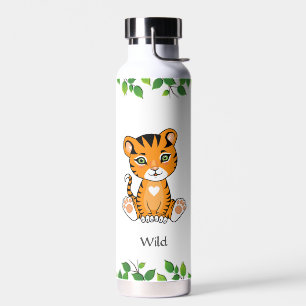 Süßer wilder Baby-Tiger auf weißer Wasserflasche Trinkflasche