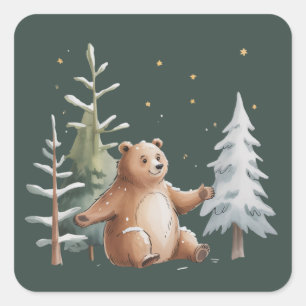 Süßer Winter Schnee Bär Whimsical Woodland Winter Quadratischer Aufkleber