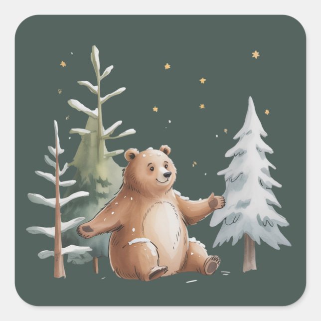 Süßer Winter Schnee Bär Whimsical Woodland Winter  Quadratischer Aufkleber (Vorderseite)