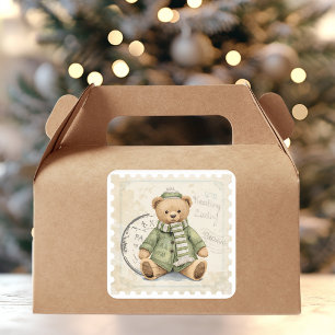 Süßer Winter-Teddybär in grüner Jacke Vintage Quadratischer Aufkleber
