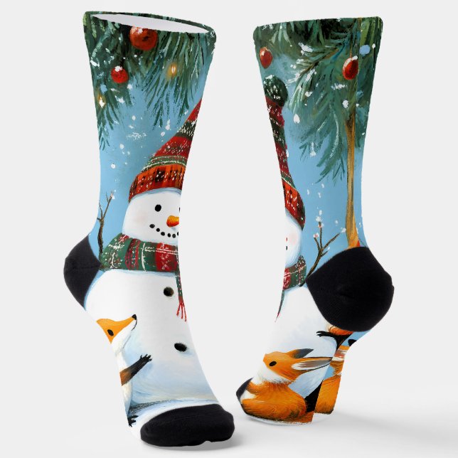 Süßer Winter-Wald-Schneemann-Füchse Socken (Gewinkelt)