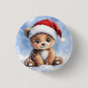 Süßer Winter Weihnachten Santa Bär Cub Aquarell Button