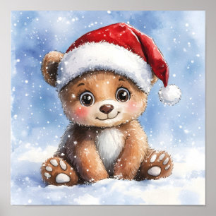 Süßer Winter Weihnachten Santa Bär Cub Aquarell  Poster
