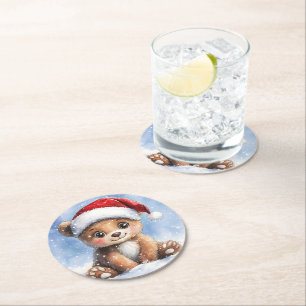 Süßer Winter Weihnachten Santa Bär Cub Aquarell  Runder Pappuntersetzer
