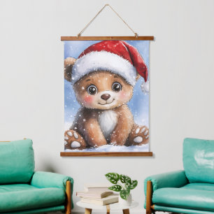 Süßer Winter Weihnachten Santa Bärenjunges Wasserf Wandteppich Mit Holzrahmen