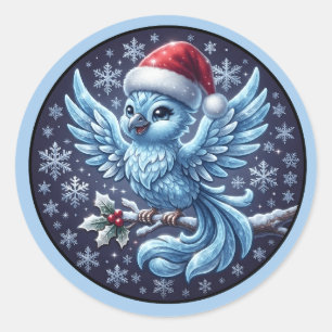 Süßer Winterblauer Vogel Weihnachtsmann-Hut-Anhäng Runder Aufkleber