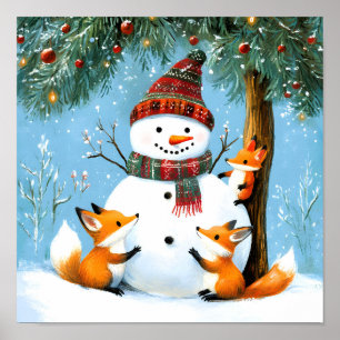 Süßer Winterwald-Schneemann-Füchse Poster