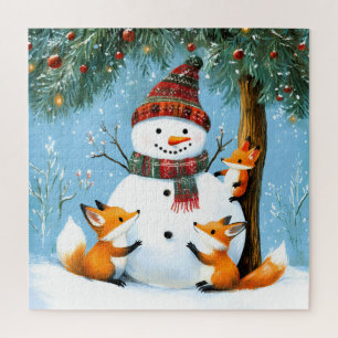Süßer Winterwald-Schneemann-Füchse Puzzle