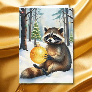 Süßer Winterwaschbär mit goldenem Weihnachtsschmuc Feiertagskarte