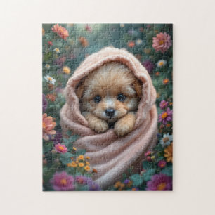 Süßer, winziger, flauschiger Welpe umgeben von Blu Puzzle
