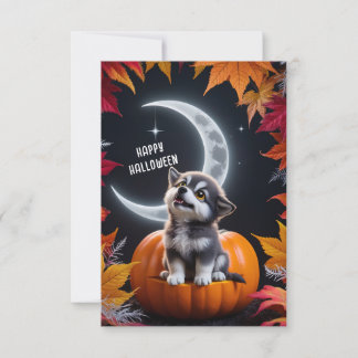 Süßer Wolf mit zunehmendem Mond in der herbstliche Karte
