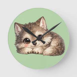 Süßer Wolfswelpe mit großen Augen entspannt sich W Runde Wanduhr