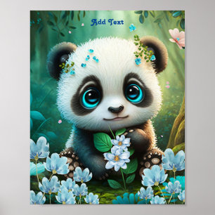 Süßer wunderlicher Panda blauer Blumengarten Kinde Poster