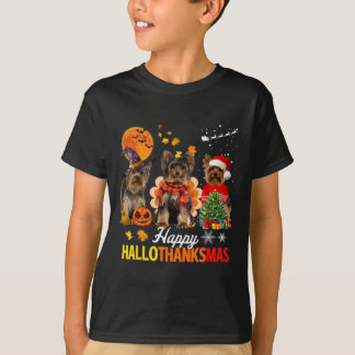 Süßer Yorkie Frohes Hallothanksmas Halloween Ernte T-Shirt