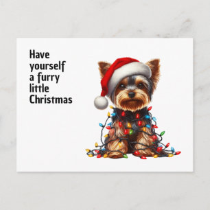 Süßer Yorkie mit Santa-Hut und Weihnachtslichtern Feiertagspostkarte