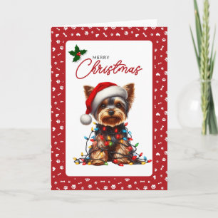 Süßer Yorkie-Weihnachtsmann-Hut & Weihnachtslichte Feiertagskarte