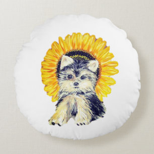 Süßer Yorkie-Welpe und Sonnenblume auf Weiß Rundes Kissen