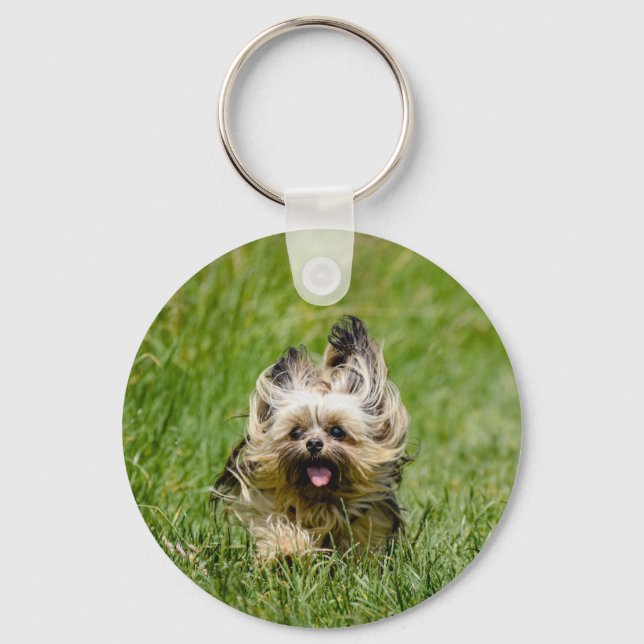 Süßer Yorkshire Terrier läuft durch Gras Schlüsselanhänger (Vorderseite)