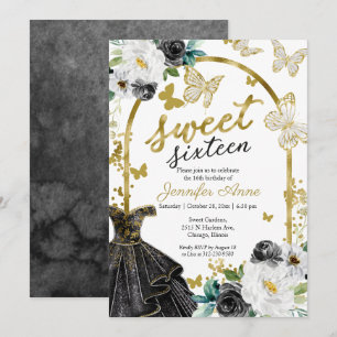 Süßes 16 Blumiges Kleid Schmetterling Schwarz Gold Einladung