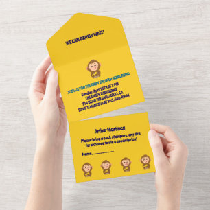 Süßes Affen-Thema Jungen-Baby-Party All In One Einladung
