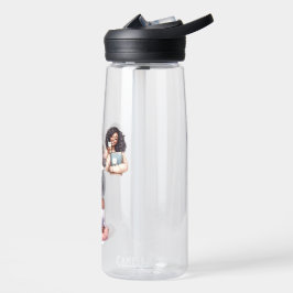 Süßes Afro-Mädchen liest Yoga-Wasserflasche Trinkflasche