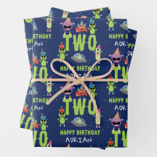 Süßes Alien-Monster-Weltraum-Kinder-Geburtstagsnam Geschenkpapier Set