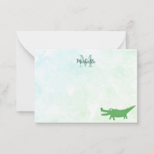 Süßes Alligator-Editierbares Monogramm Wasserfarbe Mitteilungskarte