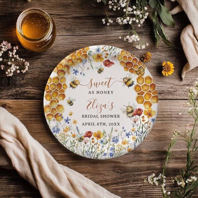 Süßes als Honigbiene Wildblumen Chic Brautparty Pappteller (Sweet As Honey Bee Wildflowers Chic Bridal Shower Paper Plates)