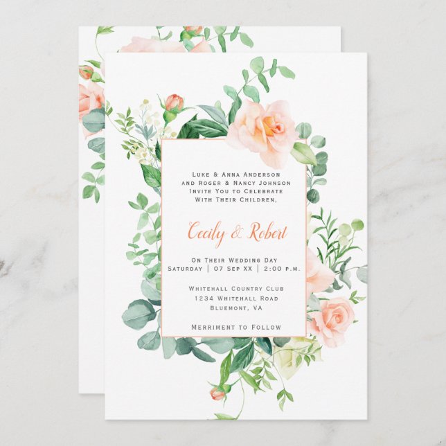 Süßes als Pfirsichfarben-Rose-RahmenWedeln Einladung (Vorne/Hinten)