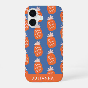 Süßes Ananas-Muster in Orange Blau Personalisiert iPhone 16 Hülle