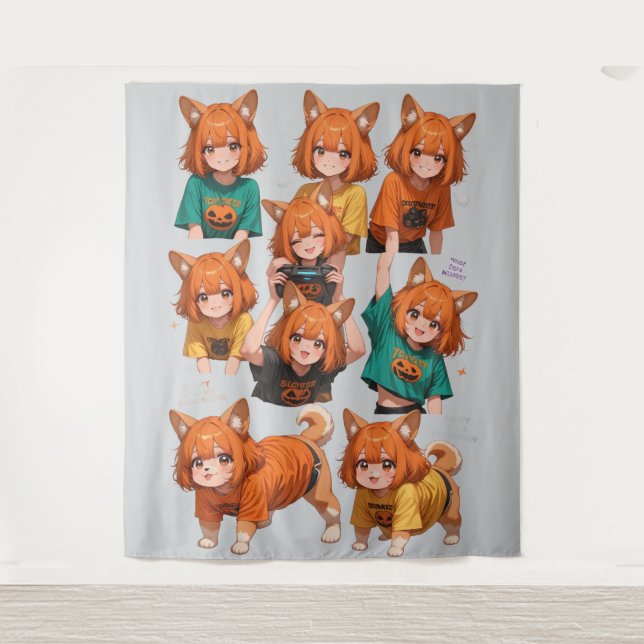 Süßes Anime-Fuchs-Mädchen-Aufkleberblatt – Hallowe Wandteppich (Vorderseite)