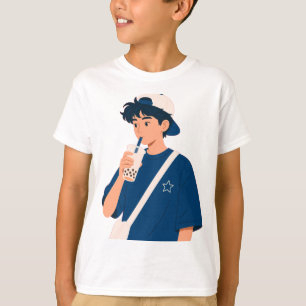 Süßes Anime-Jungen-Trinken-Bubble-Tea-T-Shirt T-Shirt