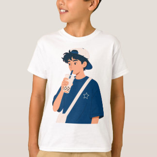Süßes Anime-Jungen-Trinken-Bubble-Tea-T-Shirt T-Shirt