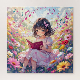 Süßes Anime-Mädchen beim Lesen eines Buches Puzzle