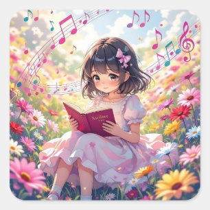 Süßes Anime-Mädchen beim Lesen eines Buches Quadratischer Aufkleber