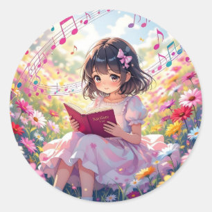 Süßes Anime-Mädchen, das ein Buch liest Runder Aufkleber