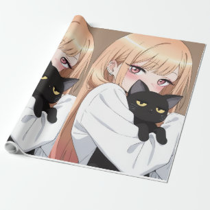 Süßes Anime-Mädchen, das schwarze Katze umarmendes Geschenkpapier