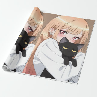 Süßes Anime-Mädchen, das schwarze Katze umarmendes Geschenkpapier
