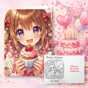 Süßes Anime-Mädchen Geburtstag und Malvorlage Karte
