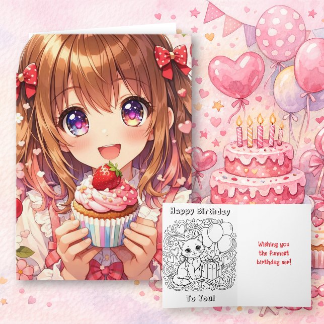 Süßes Anime-Mädchen Geburtstag und Malvorlage Karte (Von Creator hochgeladen)